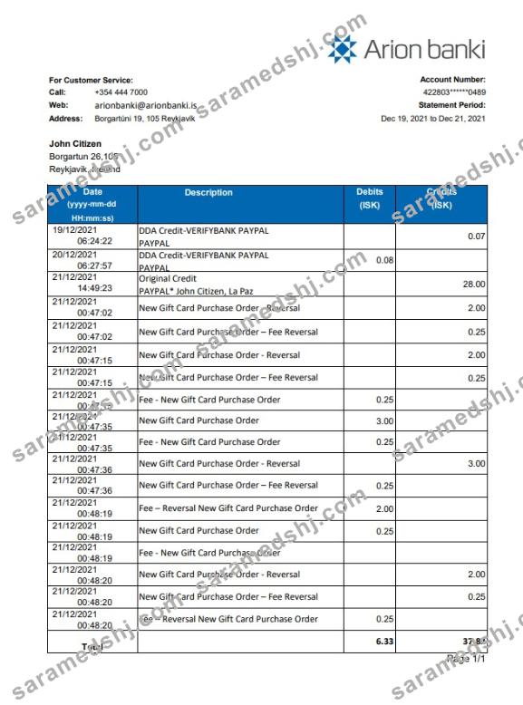 Iceland Arion Bank statement easy to fill template in .xls and .pdf file format